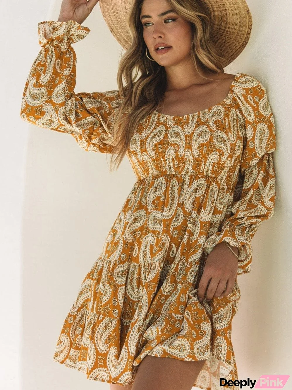 Yellow Geometric Print Bohemian Long Sleeve Shift Dress