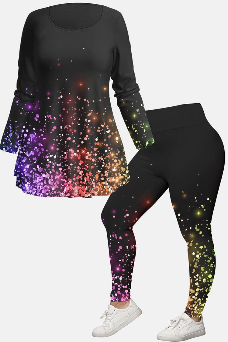 Flycurvy Plus Size Casual Black Ombre Glitter Print Two Piece Pant Set  flycurvy [product_label]