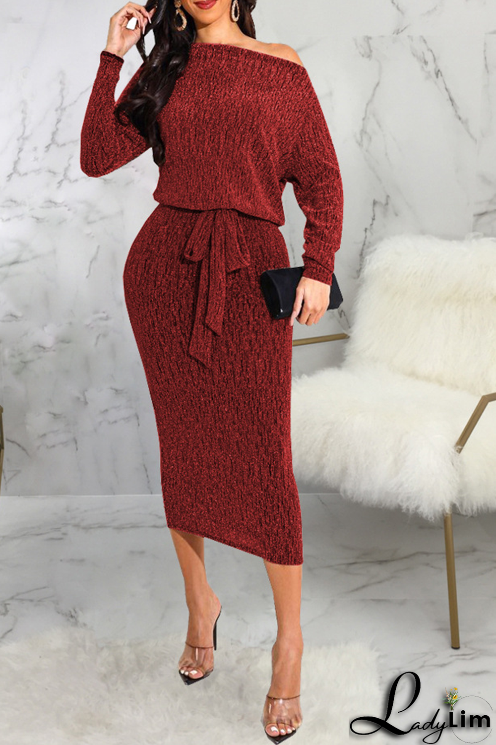 Burgundy Casual Solid Split Joint Off the Shoulder Waist Skirt Dresses