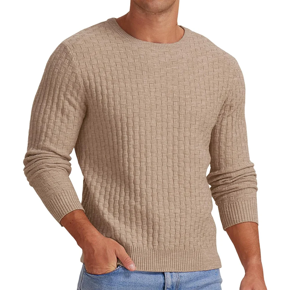 Wongn Wongn Men's New Waffge Solid Color Round Collar Long Sleeve Sleeve Sweater Fashion Casual Men's Sweater Top
