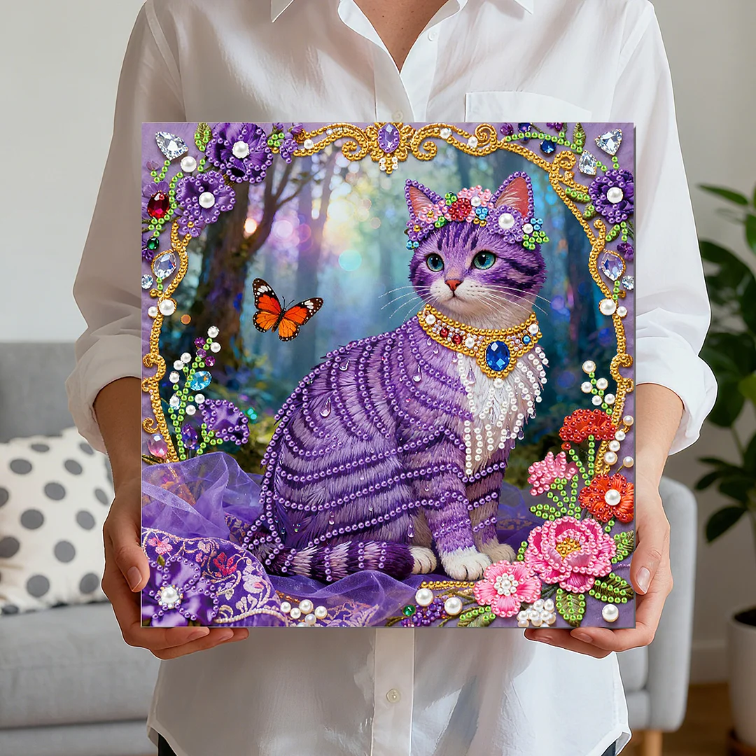 Purple Cat Art Diamond Painting Kit for Adults Home Decor 25x25cm With Frame