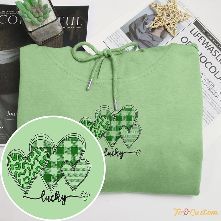 TOSCUSTOM™ Lucky Heart St Patricks Day Embroidered Sweatshirts Shamrock Hoodies