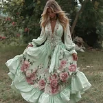 Women's Vintage Roses Embroidery Art V-neck Long Sleeves Maxi Dress - Image 5