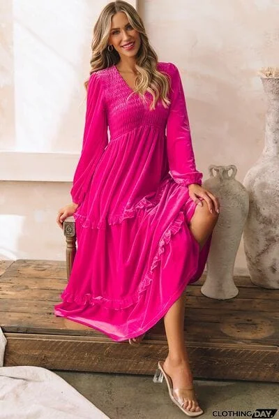 Frill V-Neck Balloon Sleeve Tiered Dress