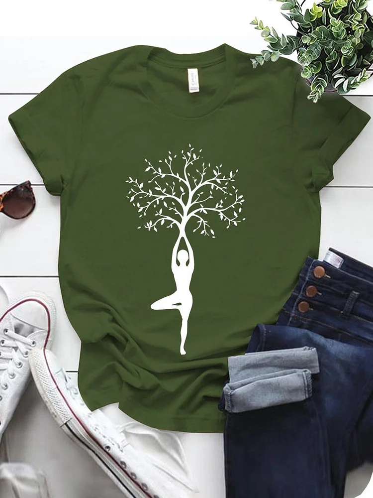 Bestdealfriday Yoga Tree Graphic Print Round Neck Tee