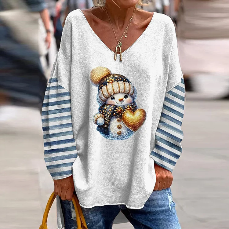 VChics Christmas Cute Scarf Snowman Print V-Neck T-Shirt