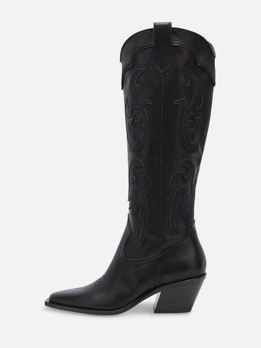  Black Vegan Leather Embroidered Wide Calf Knee High Cowgirl Chunky Heeled Boots