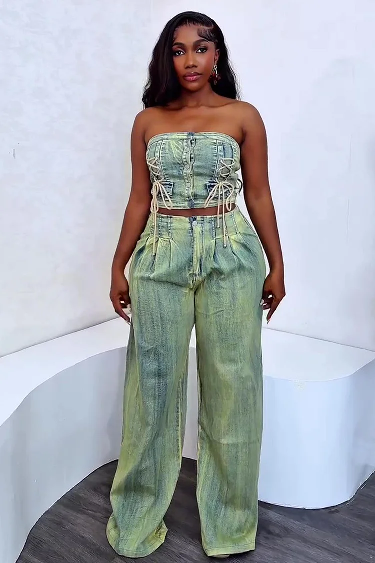 Lace-Up Tube Top High-Rise Wide Leg Pants Denim 2pcs Set-Blue