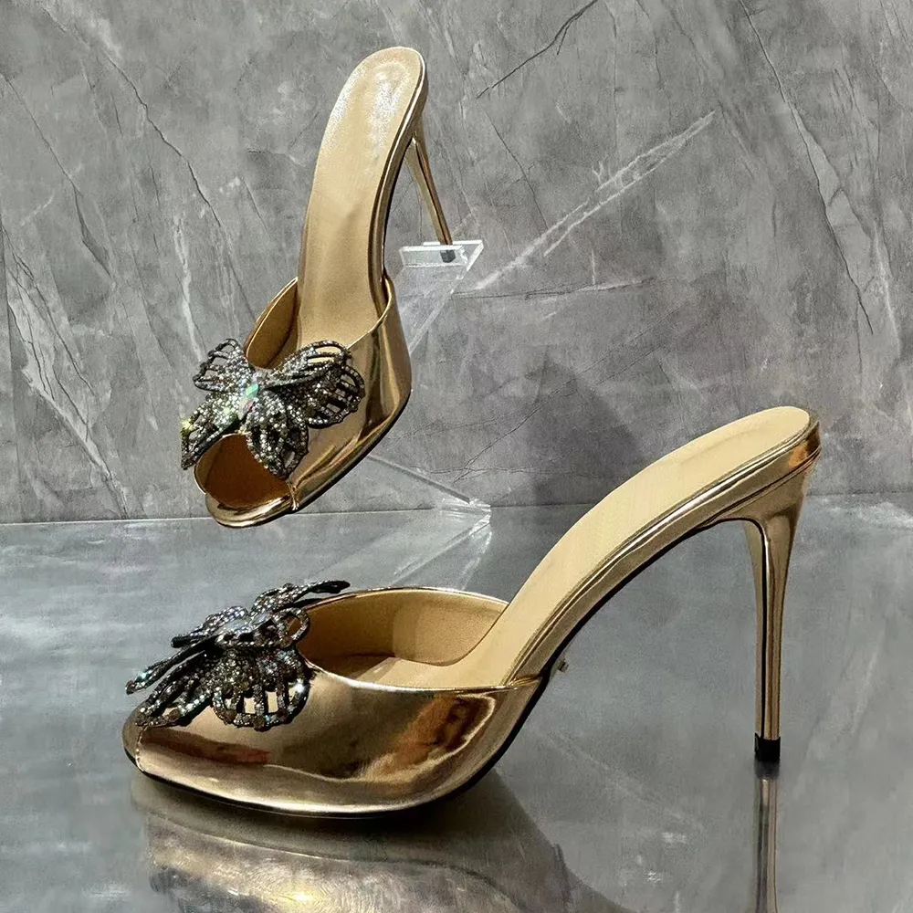 Women's 100mm High Heels Elegant Gold Floral Mules Sandals Stilettos For Wedding Party