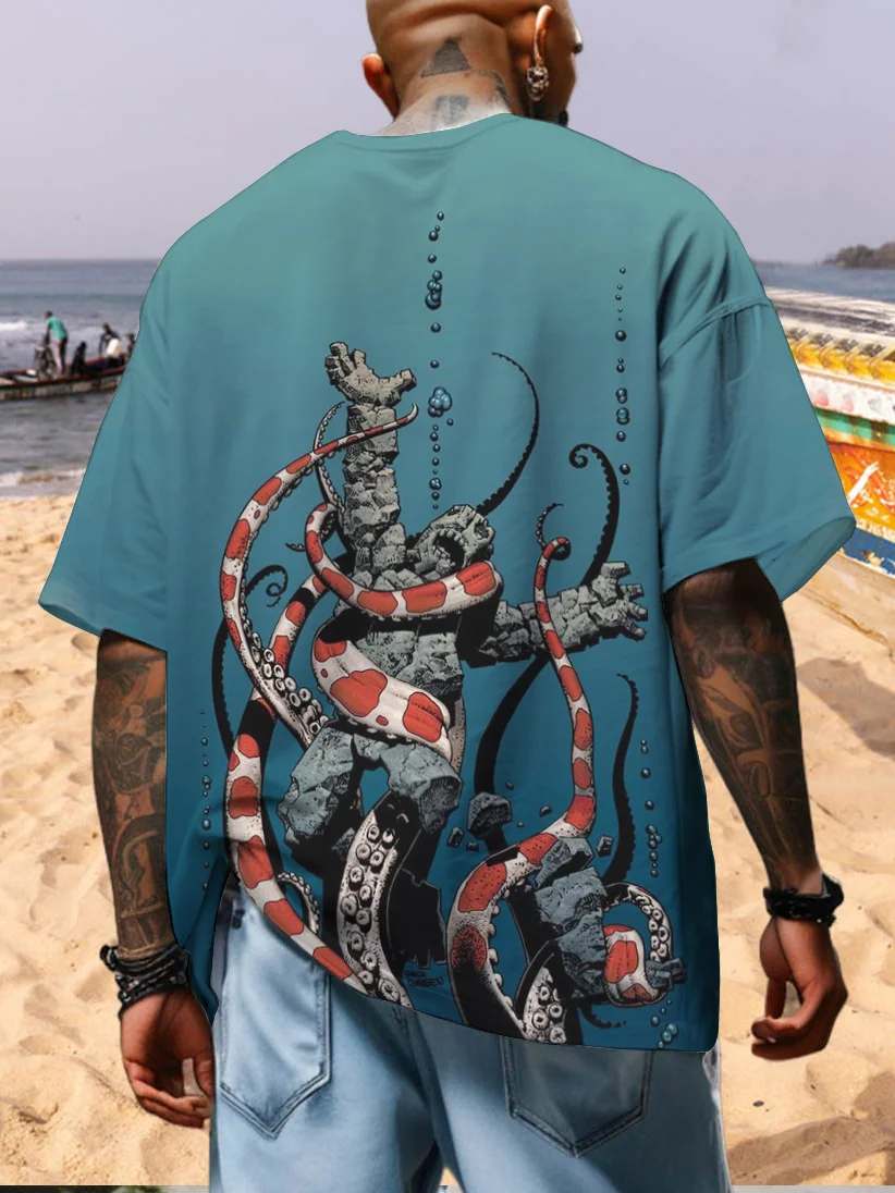 Men's Hawaii Vacation Ocean Octopus Print Casual Short Sleeve T-Shirt