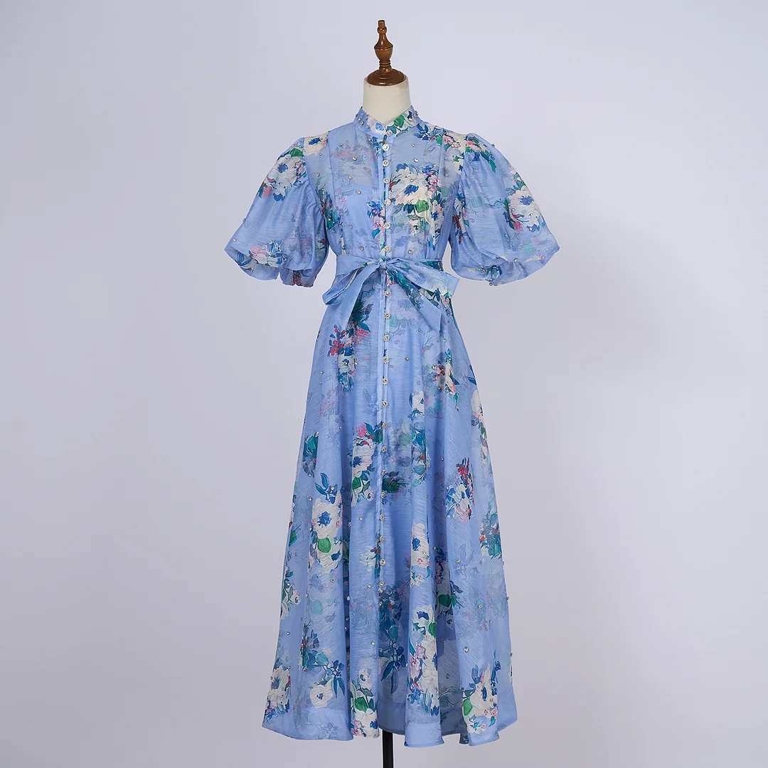 Nigikala Nigikala Court Style High Design Feeling Heavy Industry Nail Drill Short Sleeve Single Buckle Dress + Sling