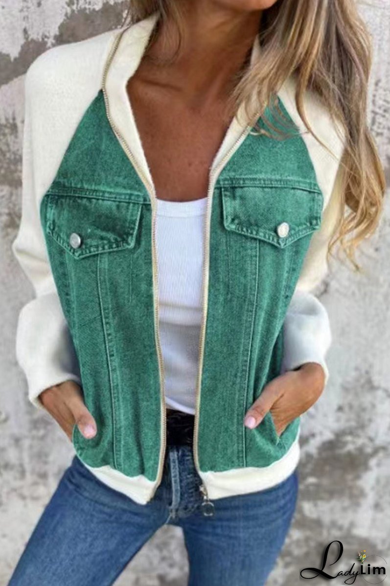 Casual Solid Color Patchwork Zipper Contrast Turndown Collar Outerwear(8 Colors)