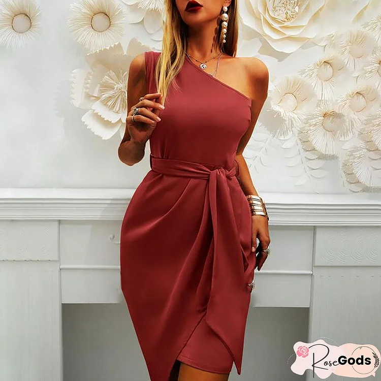 Solid Sleeveless Diagonal Shoulder Irregular Party Dress