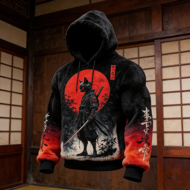 Men's Futuristic Sci-fi Art Mechanical Cat Warrior Japanese Print Casual Flannel Hoodie  artssus