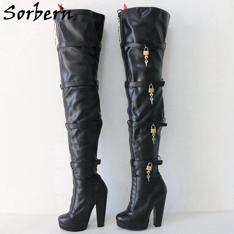 VCSHOES 8 Locks Block Heel Boots Women Unisex Style Crotch Thigh High Boot Drag Queen Shoes Fetish Custom Multi Colors