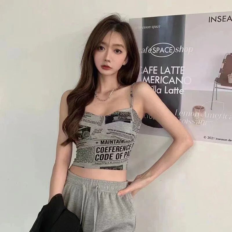 New Newspaper Print Camisole Women Slanted Shoulder Hollow Sleeveless Tops Beautiful Back Woman&#39;s Spring Summer