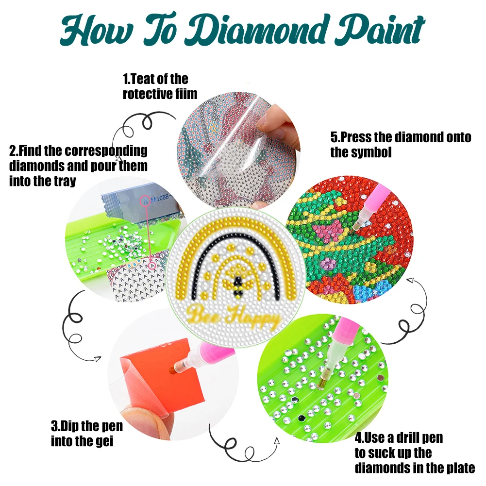 8pcs DIY Bee Diamond Crafts Coasters with Holder Wooden DIY Coaster