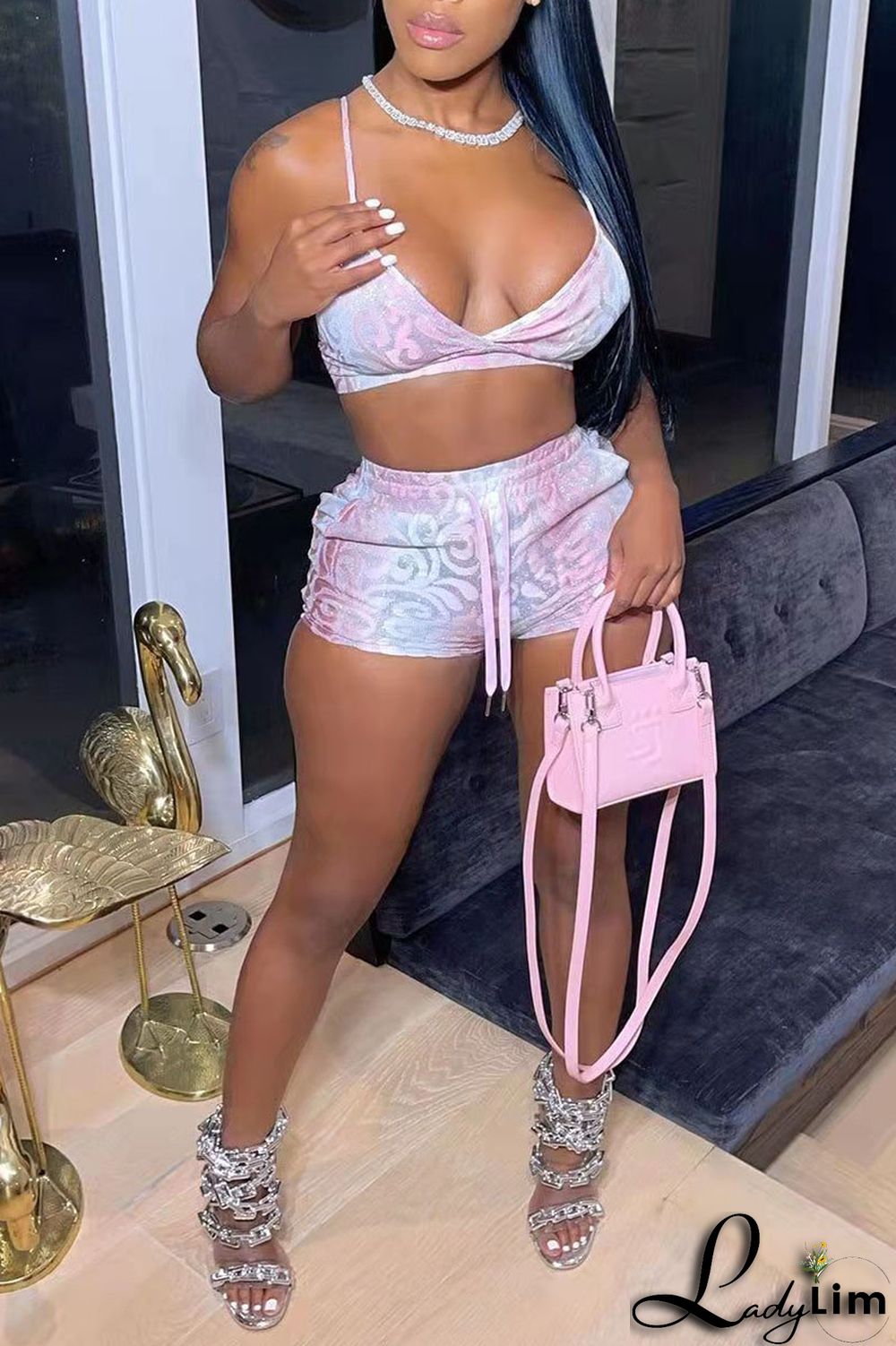 Blue Sexy Print Split Joint Spaghetti Strap Sleeveless Two Pieces