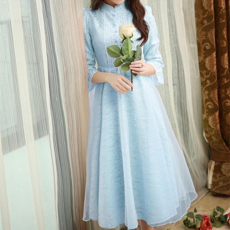 Blue/Pink/White Vintage Lace Long Dress SP178995