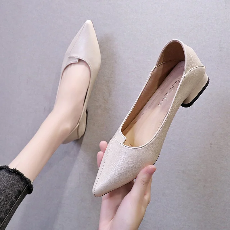 2020 Women Leather Pumps Shoes Office Lady Med Square Heel Pointy Toe Slip On Work Shoes Classic Heel 4 cm