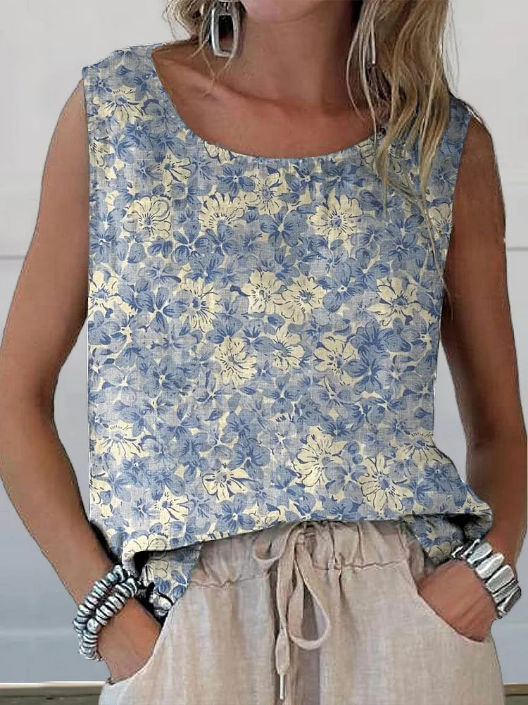 Women's Retro Elegant Floral Art Print Casual Cotton And Linen Tank Top