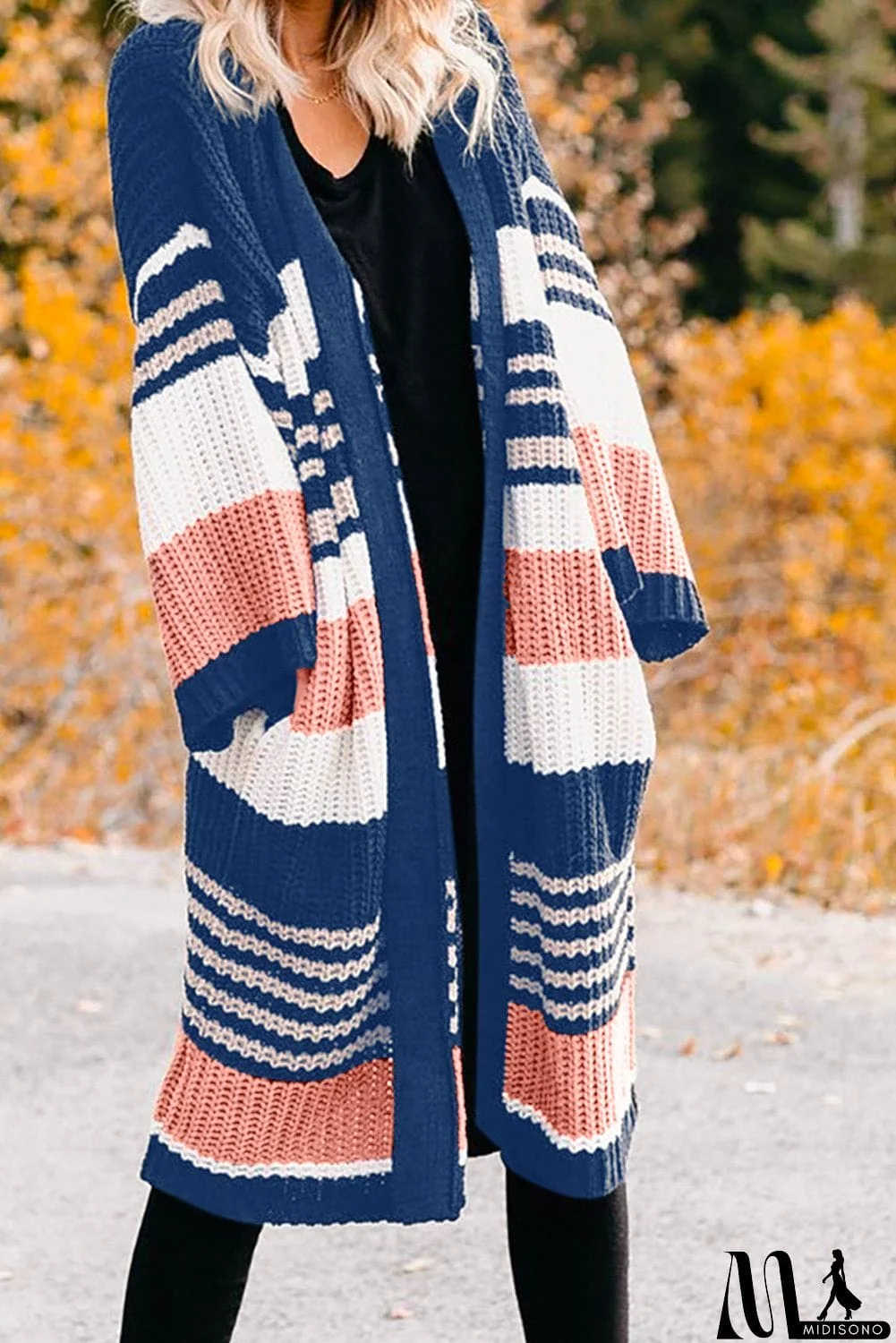 MidiSono - Pocketed Novelty Striped Chenille Cardigan