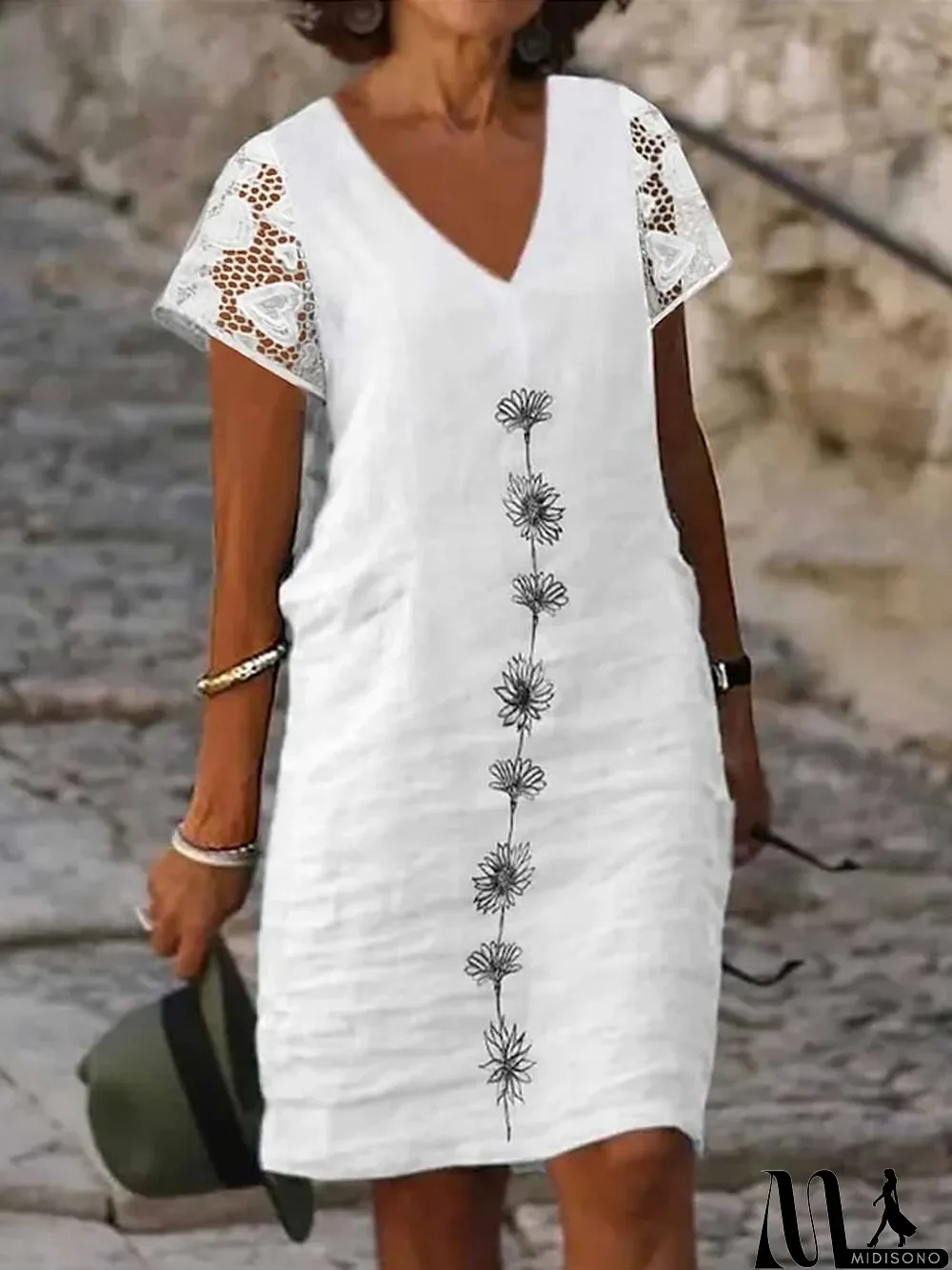 MidiSono - Women's Cotton Linen Dress Casual Dress Shift Dress Midi Dress Cotton Fashion Modern Outdoor Daily Vacation V Neck Lace Print Short Sleeve Summer Spring Regular Fit White Green Flower S M L XL