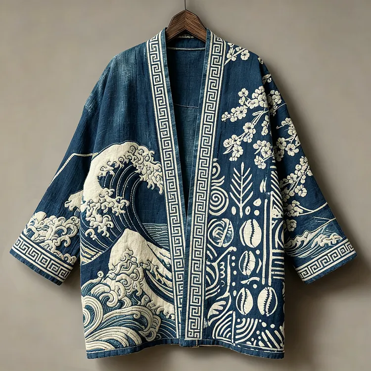 Men's Retro Casual Vacation Floral Wave Design Cotton Linen Cardigan