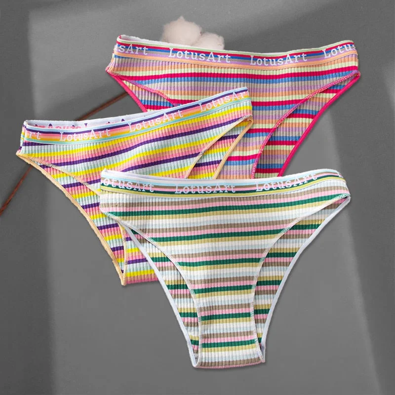 FINETOO 3Pcs/set Colorful Stripes Panties Women's Cotton Briefs M-XL Low-Rise Rainbow Underwear Ladies Underpants Girls Panties