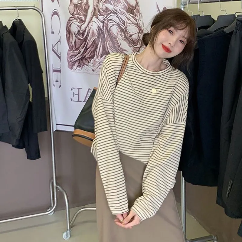 Brownm Brownm Undershirt With The 2024 Fall Women's Thin Loose New Round Collar Long-Sleeve T-Shirt