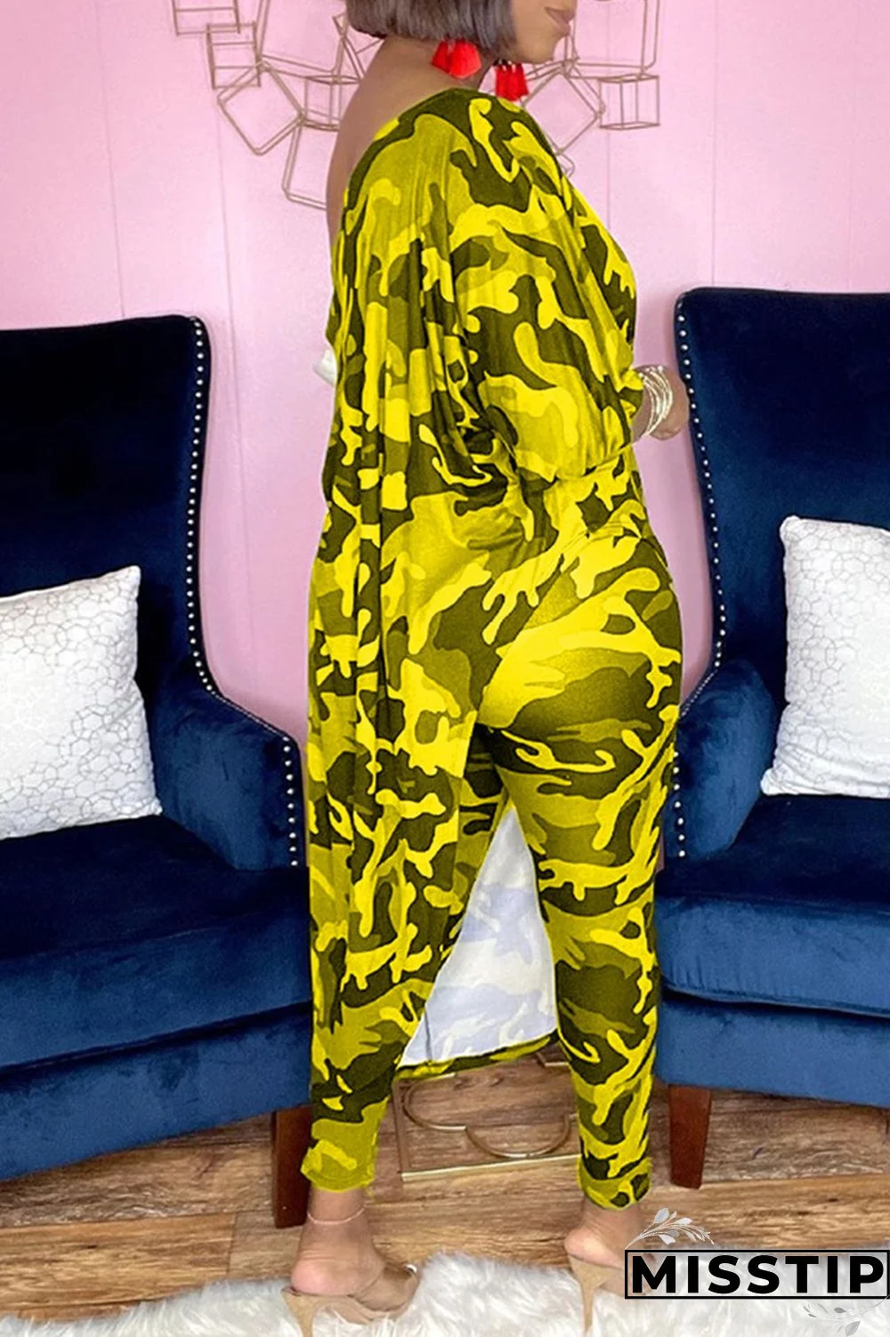 Camouflage Fashion Casual Print Asymmetrical Oblique Collar Three Quarter Two Pieces