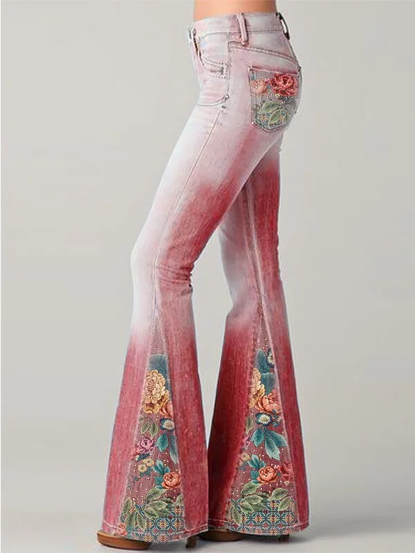 Gradient flower printed pants flared pants