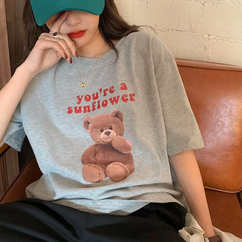 Harajuku Cute Bear Printed T Shirt Women Korean Style 2021 Summer Cotton Loose Clothes Tops Couple Casual Short Sleeve Tee Shirt