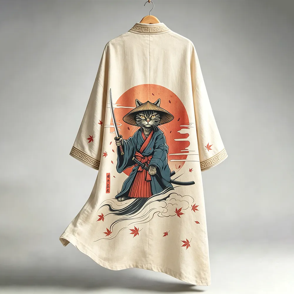 Men's Japanese-style Kimono Cardigan With Samurai Cat, Katana, And Red Sun Graphic Print  artssus