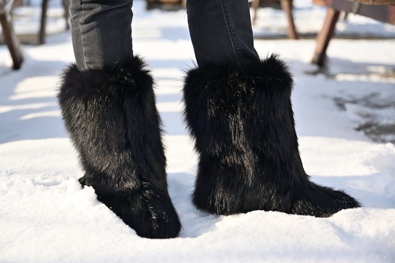 Black fox fur winter boots for women Furry snow boots Women real fur boots