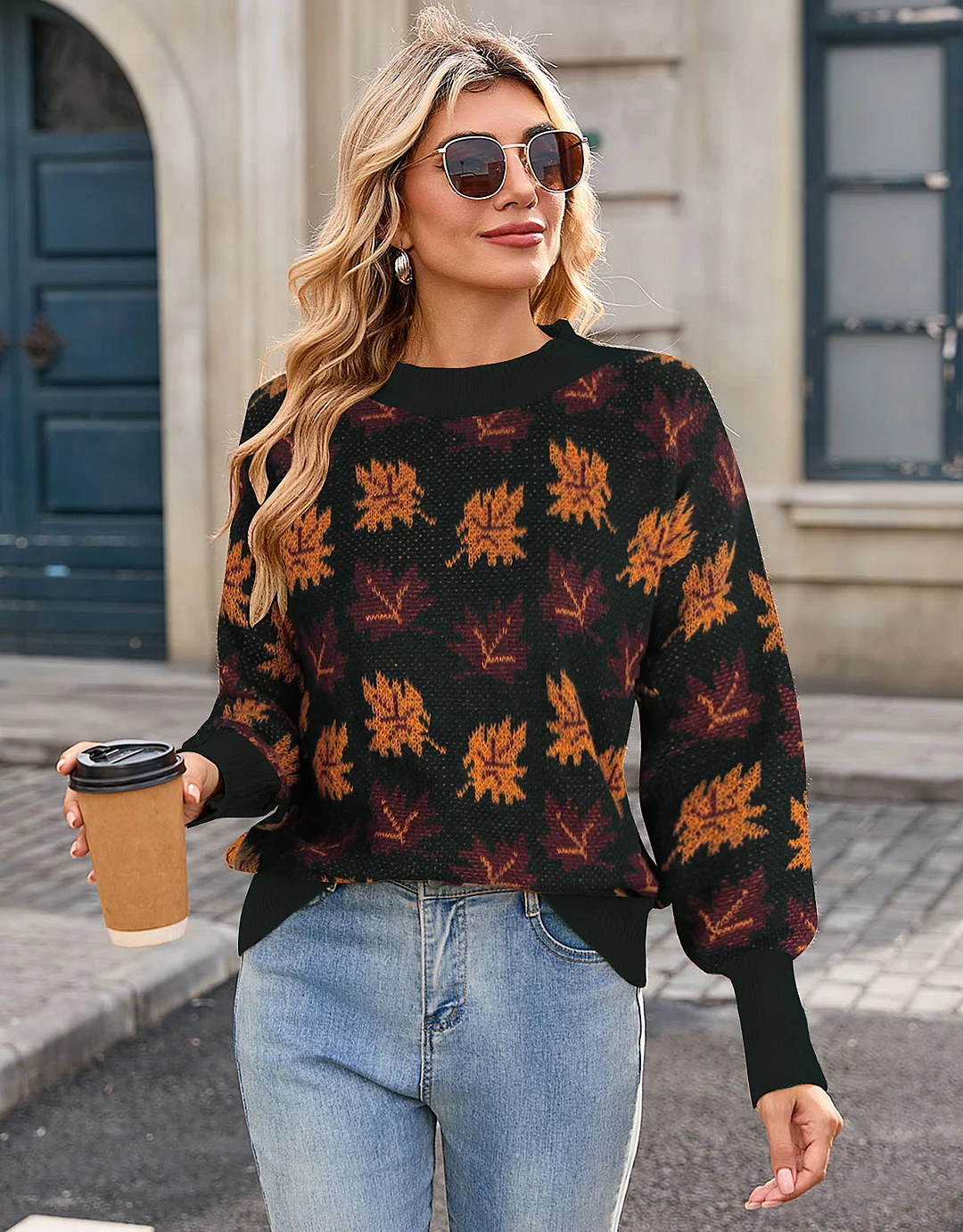 Athvotar Athvotar And Winter New Sweater Women's Casual Maple Leaf Pattern Of The Flower Round Collar Knitted Shirt