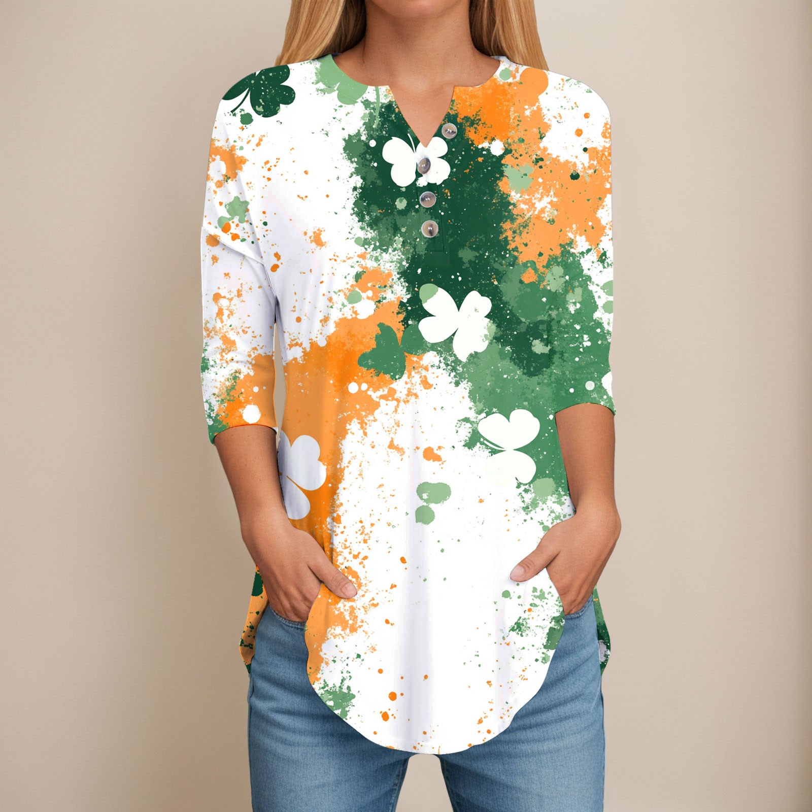 Women Simple Long Sleeve T Shirts Female St Patrick's Day Tops 3/4 Sleeve Tunic Tops Side Slit V Neck Flattering T-shirts