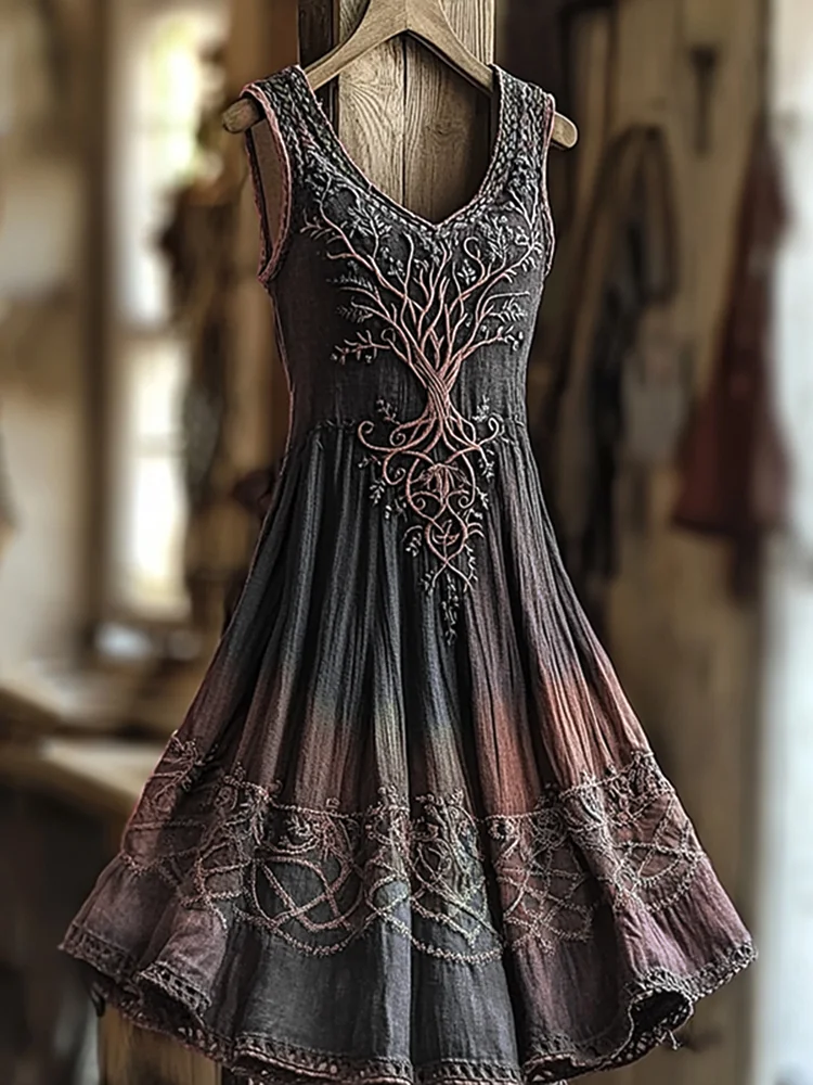 Women's Vintage Viking Tree Of Life Color Gradient Linen Dress