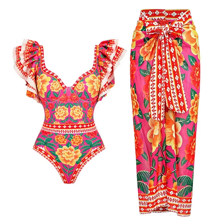 Ruffled Contrast Print One Piece Swimsuit and Sarong Flaxmaker 