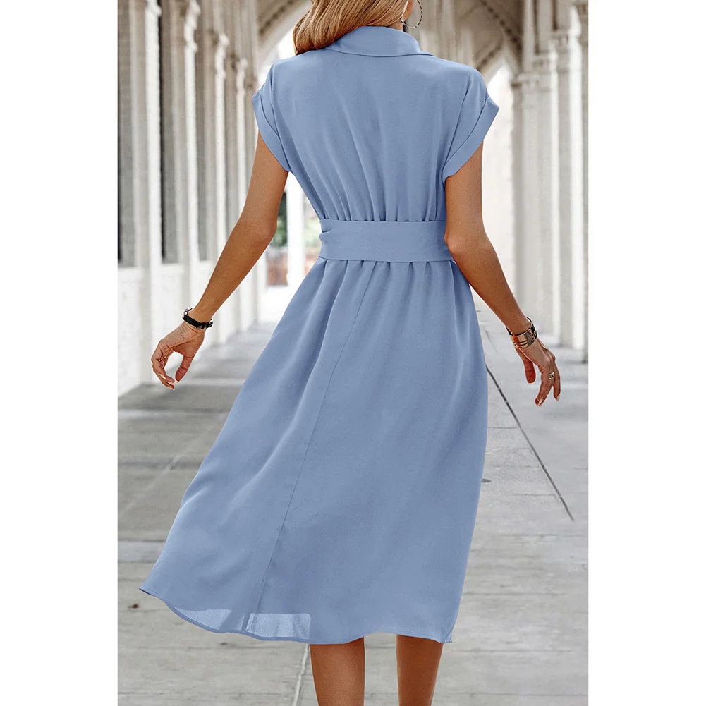 Light Blue Button Lapel Pocket Midi Dress With Tie
