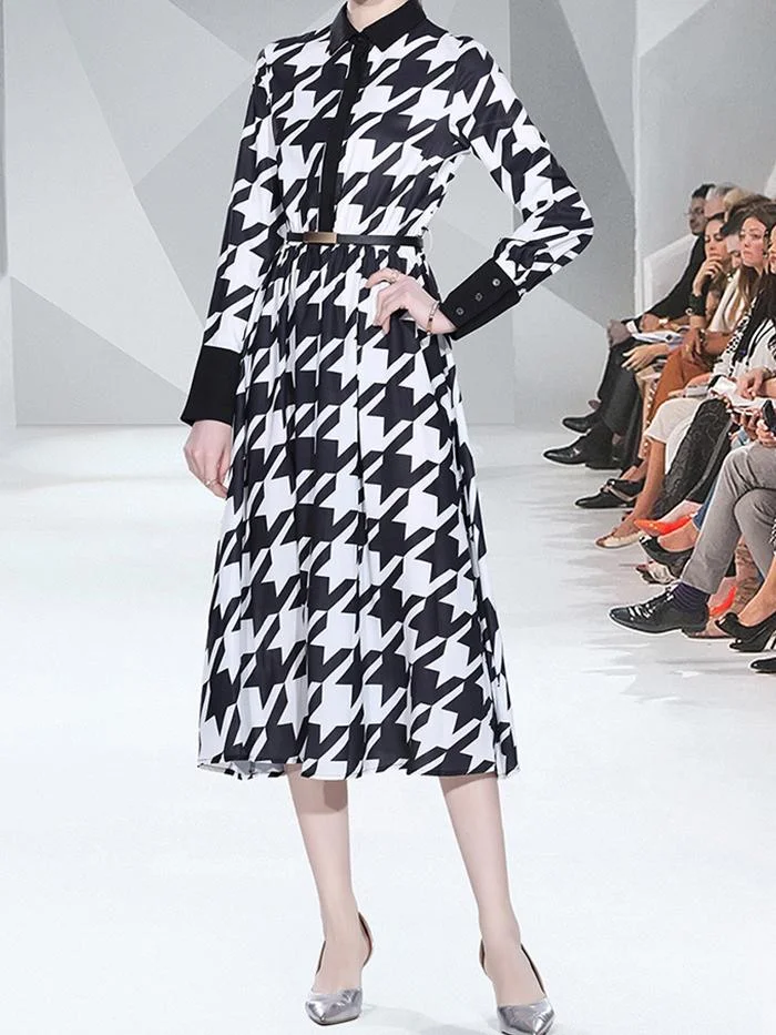 Fashion Lapel Long Sleeve Printed Dress