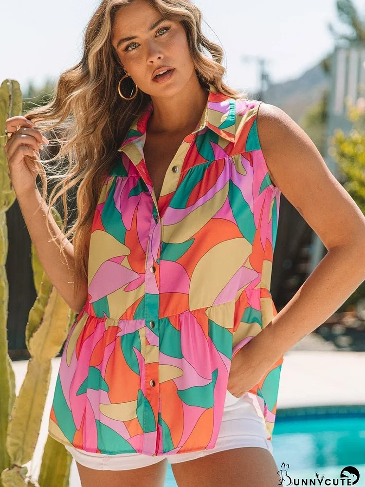 Abstract Shift Style Multicolor Sleeveless Shirt