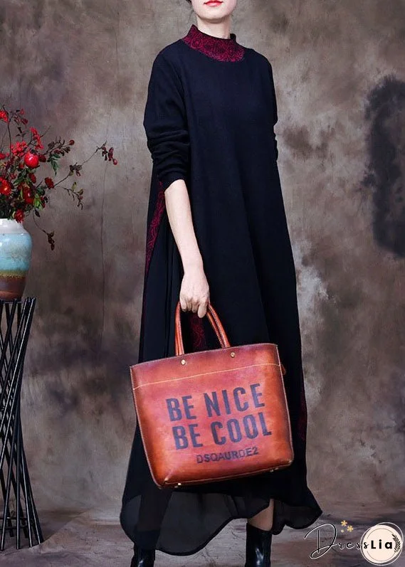 Women Purple black O-Neck side open tulle Patchwork Knit Dresses Spring