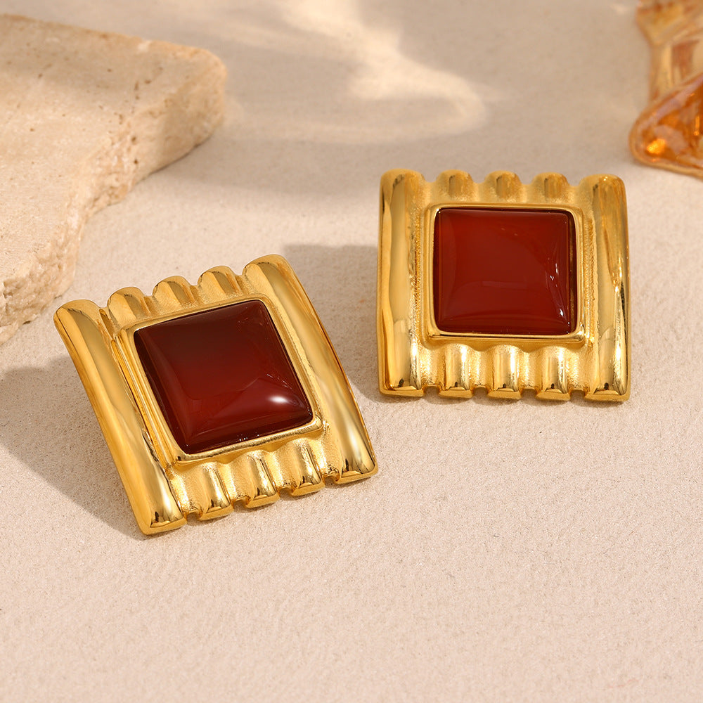 Fashion Retro Personality Geometric Earrings Stainless Steel Plated 18K Gold Square Sawtooth Ruby Earrings