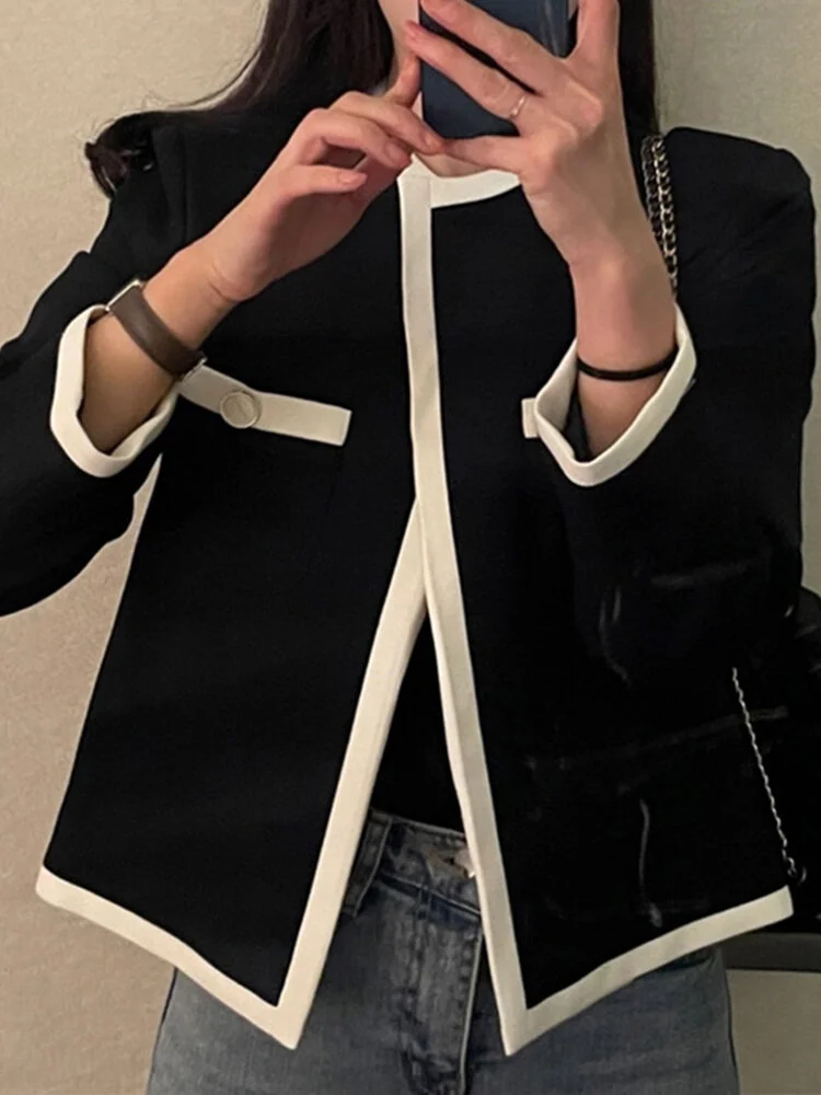 Contrast Color Open Front Long Sleeve Jacket For Women
