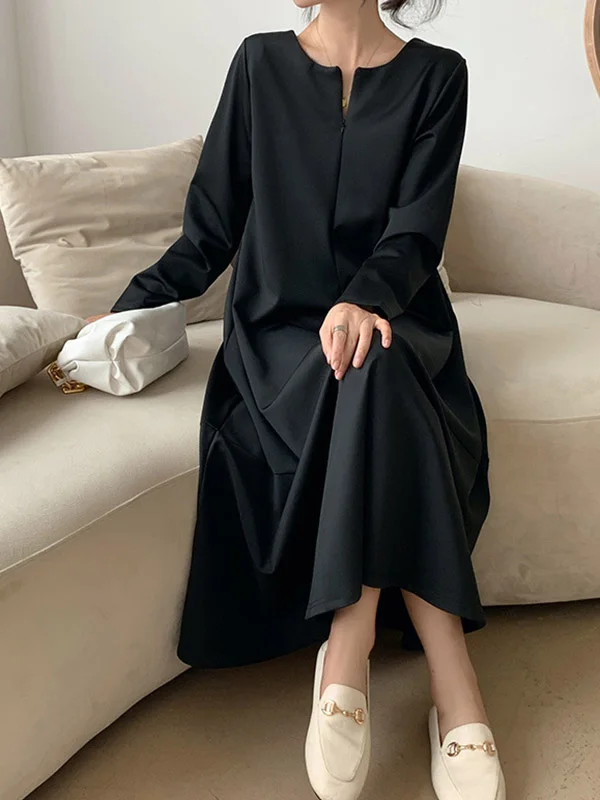 Hollow Solid Color A-Line Long Sleeves V-Neck Midi Dresses
