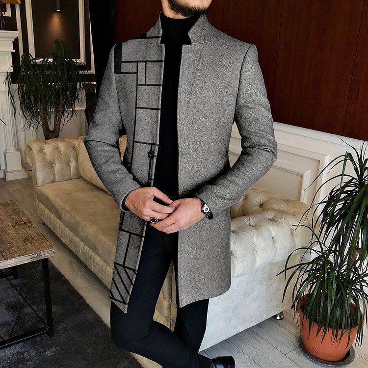 BrosWear Men's Geometric Mid-Length Tweed Coat