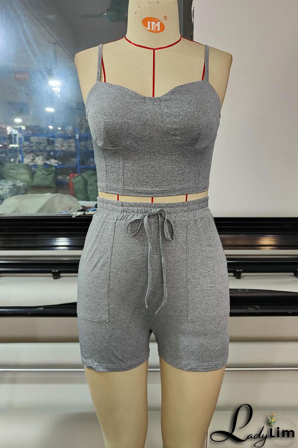 Grey Sexy Solid Patchwork Spaghetti Strap Sleeveless Two Pieces