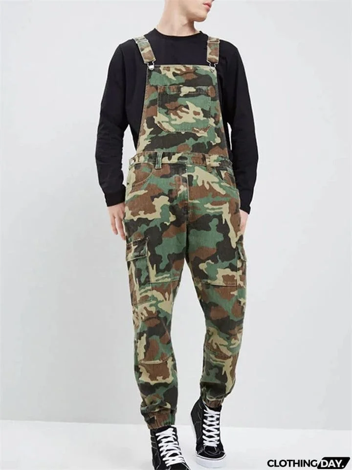 Male Outdoor Straight Leg Multi-pocket Camouflage Suspenders