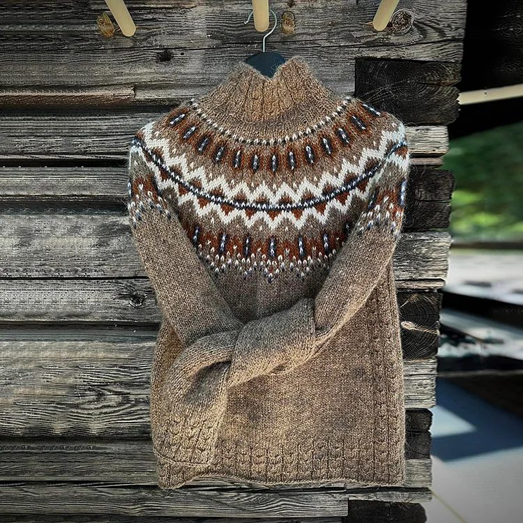 Vintage Iceland Geometric Print Turtleneck Knitted Sweater